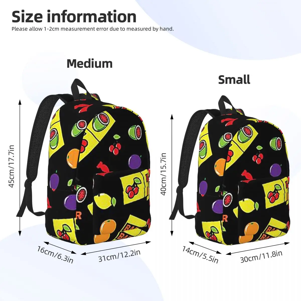 Casino Lucky Slots Cherry Melon Lemon Fruit Backpack Daypack Large Capacity Kids BookBag School Bag Shoulder Bags for Men Women