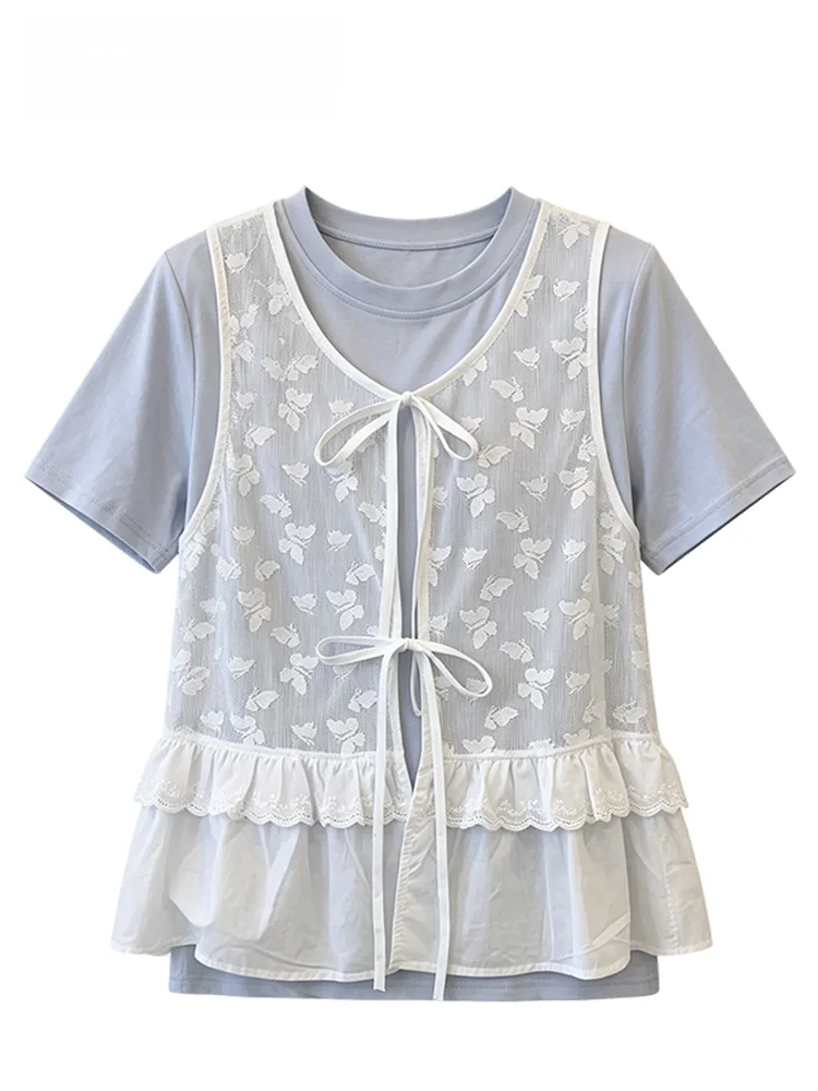 

plus Size Women's Short Sleeve T-Shirt Summer New Style Slimming Versatile Fake Two-Piece Top Trendy Casual round Neck Mid-Le...