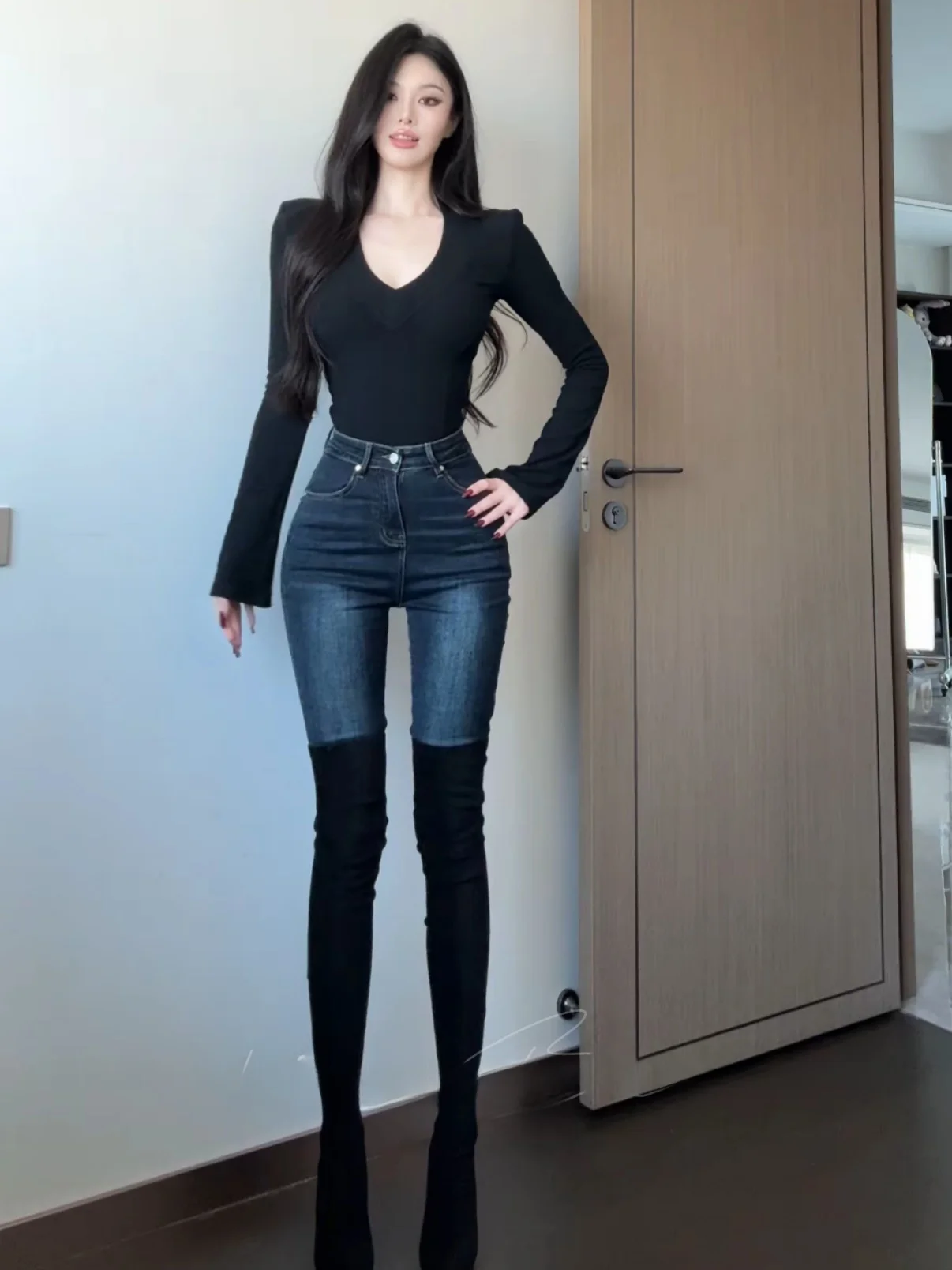 

Retro American Fce Lined High Waist Elastic Pencil Jeans Women's Autumn Winter Slimming Versatile Denim Pants