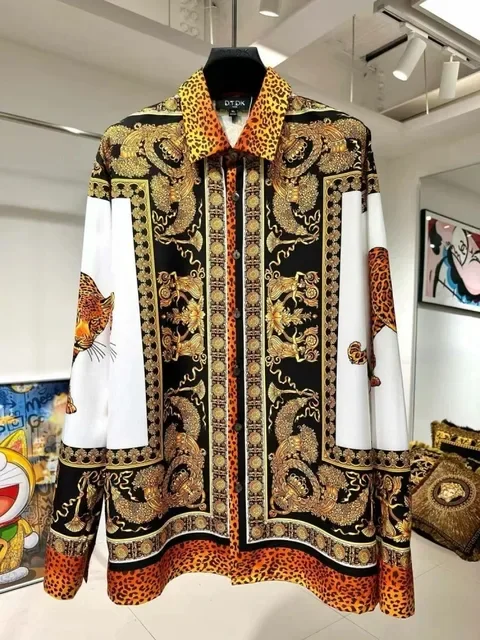 Long Sleeve Hawaiian Shirt Royal Golden 3D Print Shirt Men/Women Fashion Casual Leopard Luxury Shirts European American Style