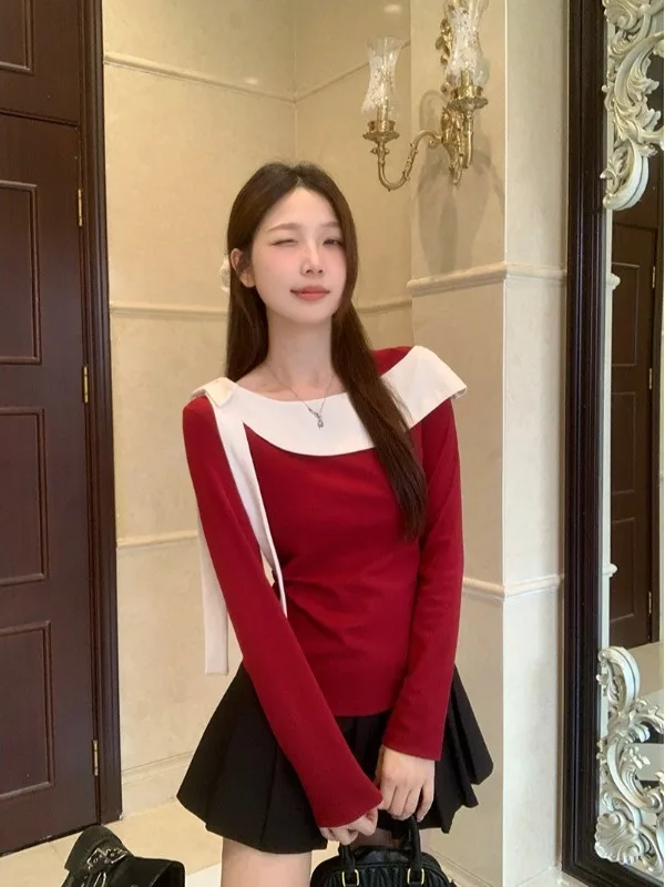 T-shirt a maniche lunghe con fiocco rosso con colletto arricciato chic francese per top taglie forti da donna abbigliamento casual da donna da ufficio autunnale