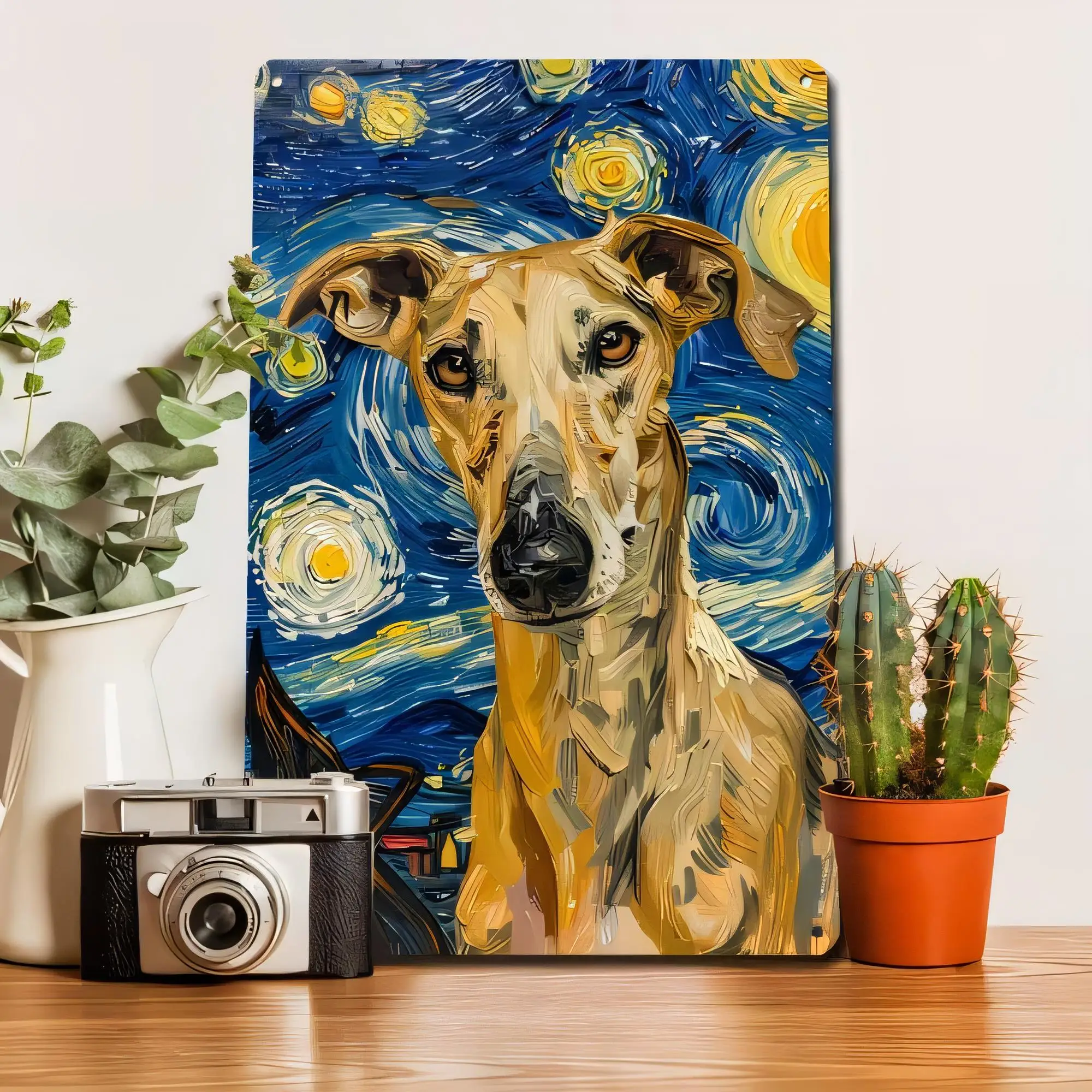 Tin Sign for Wall Decor, Cute Golden Retriever Dog Portrait Under Starry Night Painting Style, Retro Metal Sign Plaque  , Farmho
