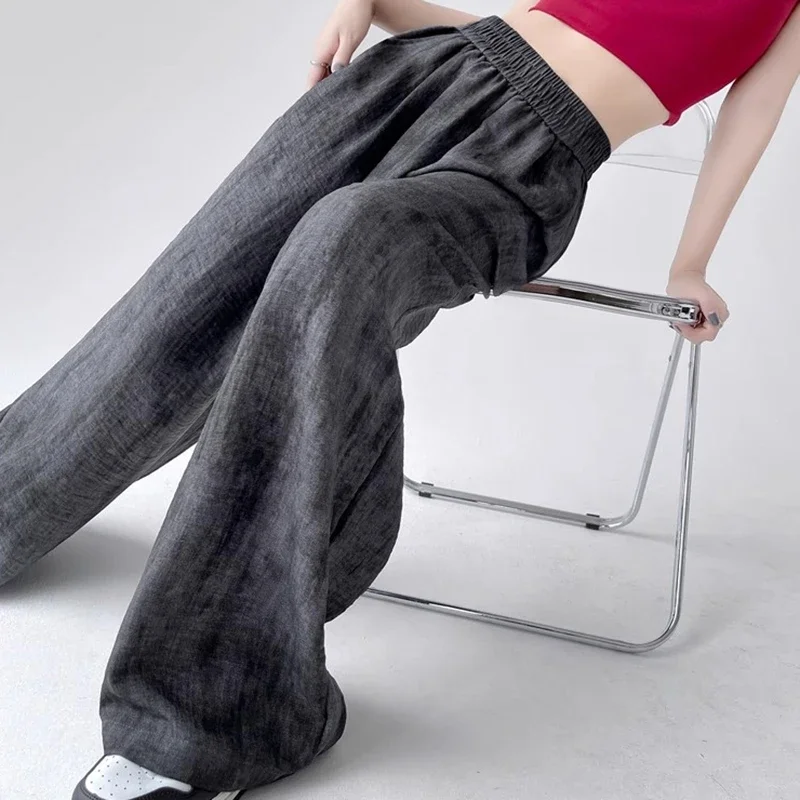 2025 femmes décontracté concepteur lâche jambe large pantalon filles cravate colorant empilé jambe droite pantalons femme rose noir abricot Baggy pantalon