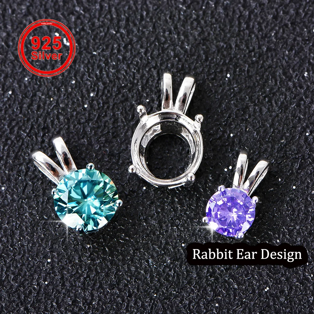 S925 فضة أرنب الأذن قلادة الإعداد ، جبل فارغ للأحجار المستديرة 5-12 مللي متر ، DIY بها بنفسك لوازم صنع المجوهرات اليدوية