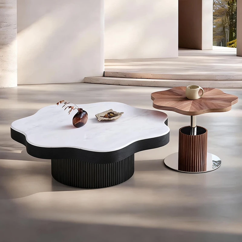 Artistic Living Room Coffee Table New Vintage-style Petal-shaped Coffee Table  Set Wooden High-end Coffee Table with Stone Top