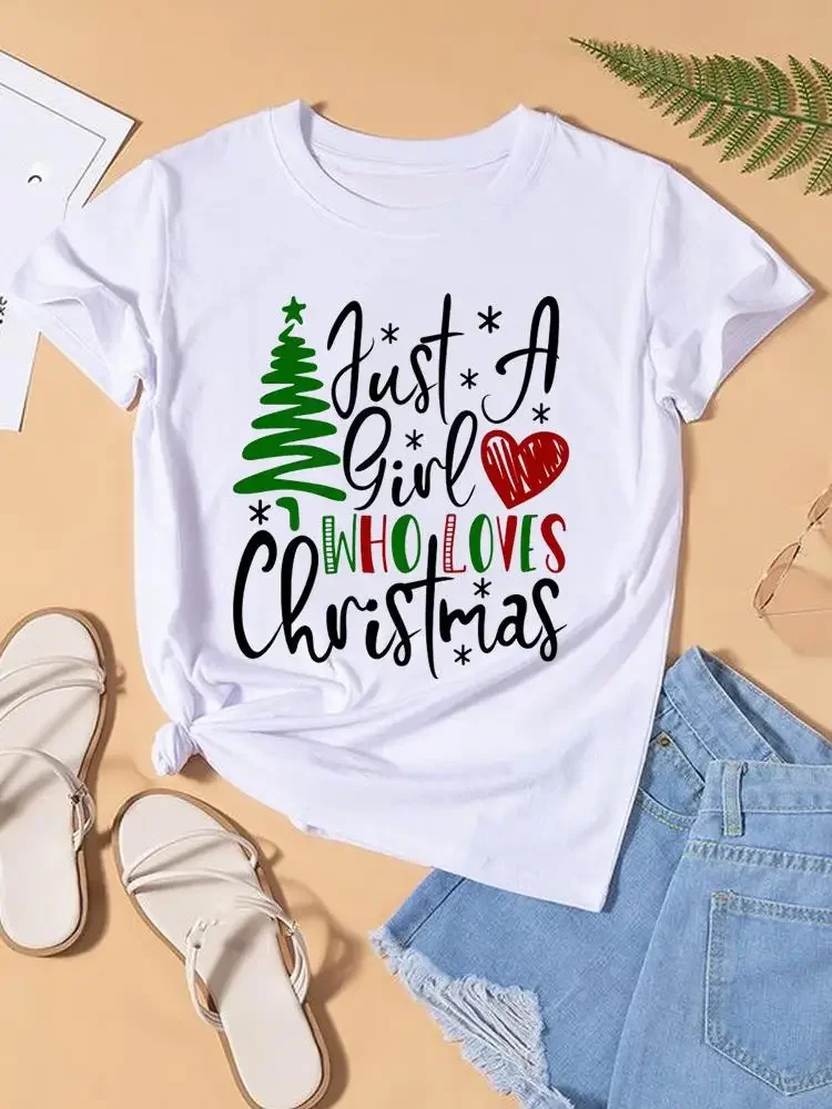 Women Tee Top Fashion Lady New Year Shirt Print Christmas Love Heart Letter Happy Holiday Clothing Clothes Graphic T-shirts