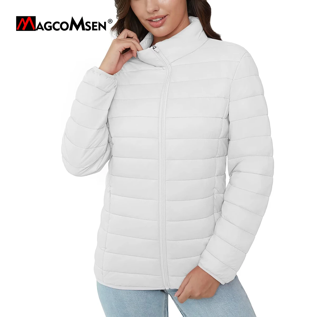 MAGCOMSEN Puffer Jackets Women's Lightweight Quilted Padded 3 Pockets Zip-up Stand-collar Winter Alternative Down Coats