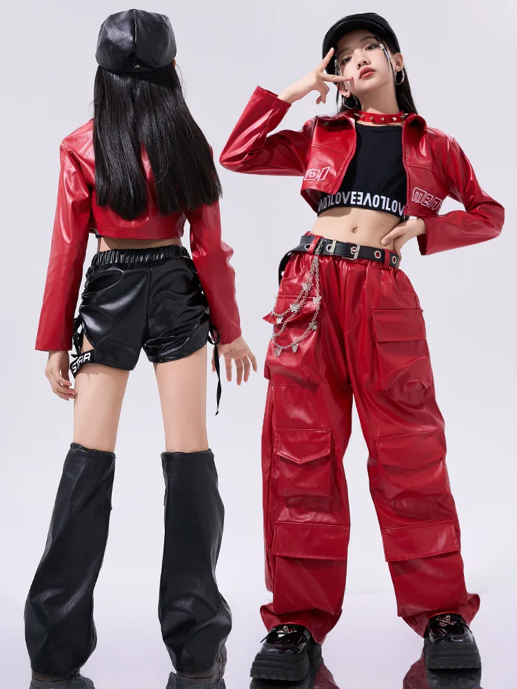 Girls Hip Hop Street Clothing Red Leather Tops Pants for Kids Streetwear Costume Jazz Dance Clothes