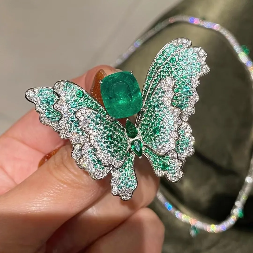 925 Sterling Silver Zircon Butterfly Emerald Square Earrings Necklace Set Exaggerated Collarbone Chain Light Luxury High Jewelry