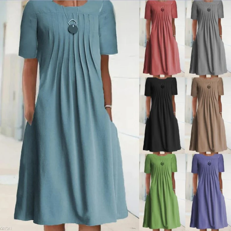 

Spring Summer Solid Color Round Neck Pullover Short Sleeve Mid-Length Dress Women's Fashion