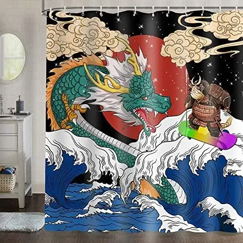 Japanese Dragon Funny Samurai Cat Surfing Red Sun Ukiyoe Cute Animal Shower Curtain