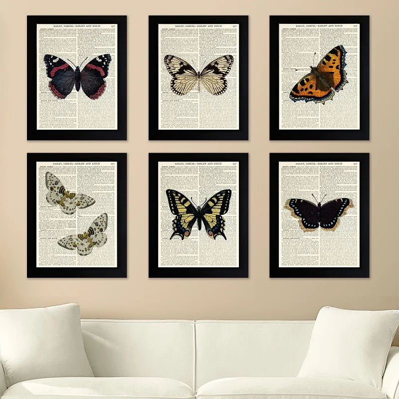 Cuadro de pared de mariposas antiguas para sala de estar, póster vintage, impresión en lienzo, pintura de mariposas e insectos