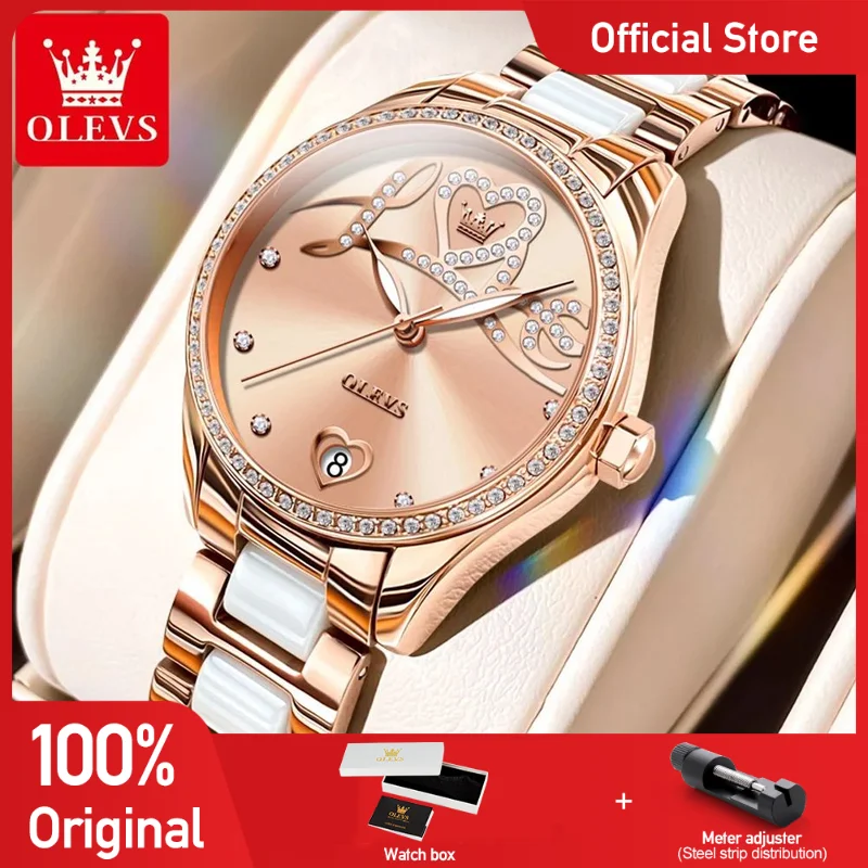 

OLEVS 6686 Women Watch Original Luxury Mechanical Watch Ceramics Strap Love Dial Date Watches For Women Bracelet Set Box Reloj