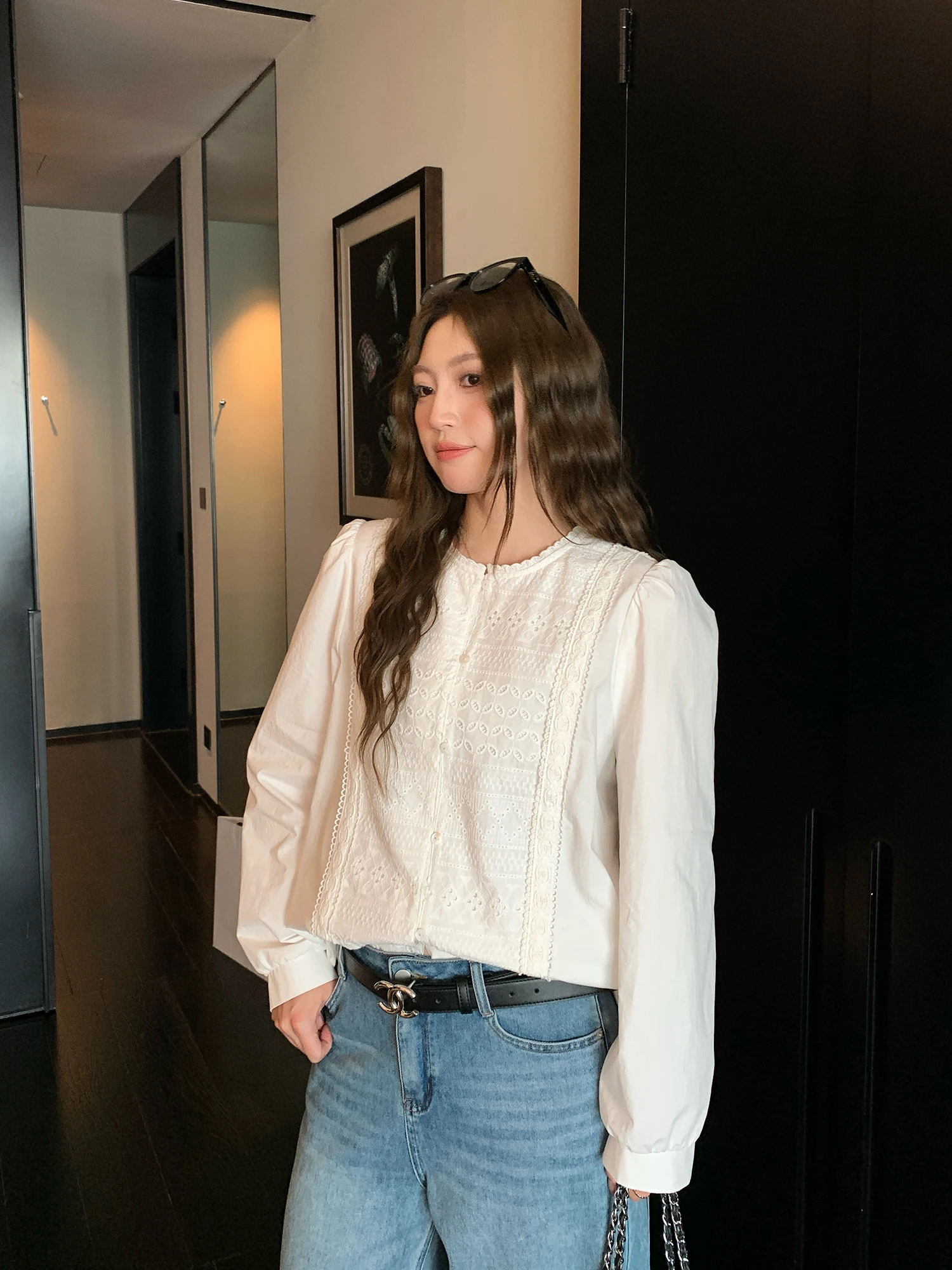 

NAZ plus Size Spring Heavy Embroidery Lace Splicing Faion Slimming Versatile irt Casual Loose Fit Long Sve round Ne