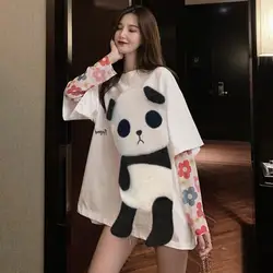 Cute Lady Summer Top Soft Panda Decor Half Sleeves Color Matching Lady Summer Top  Summer Blouse Match Pants