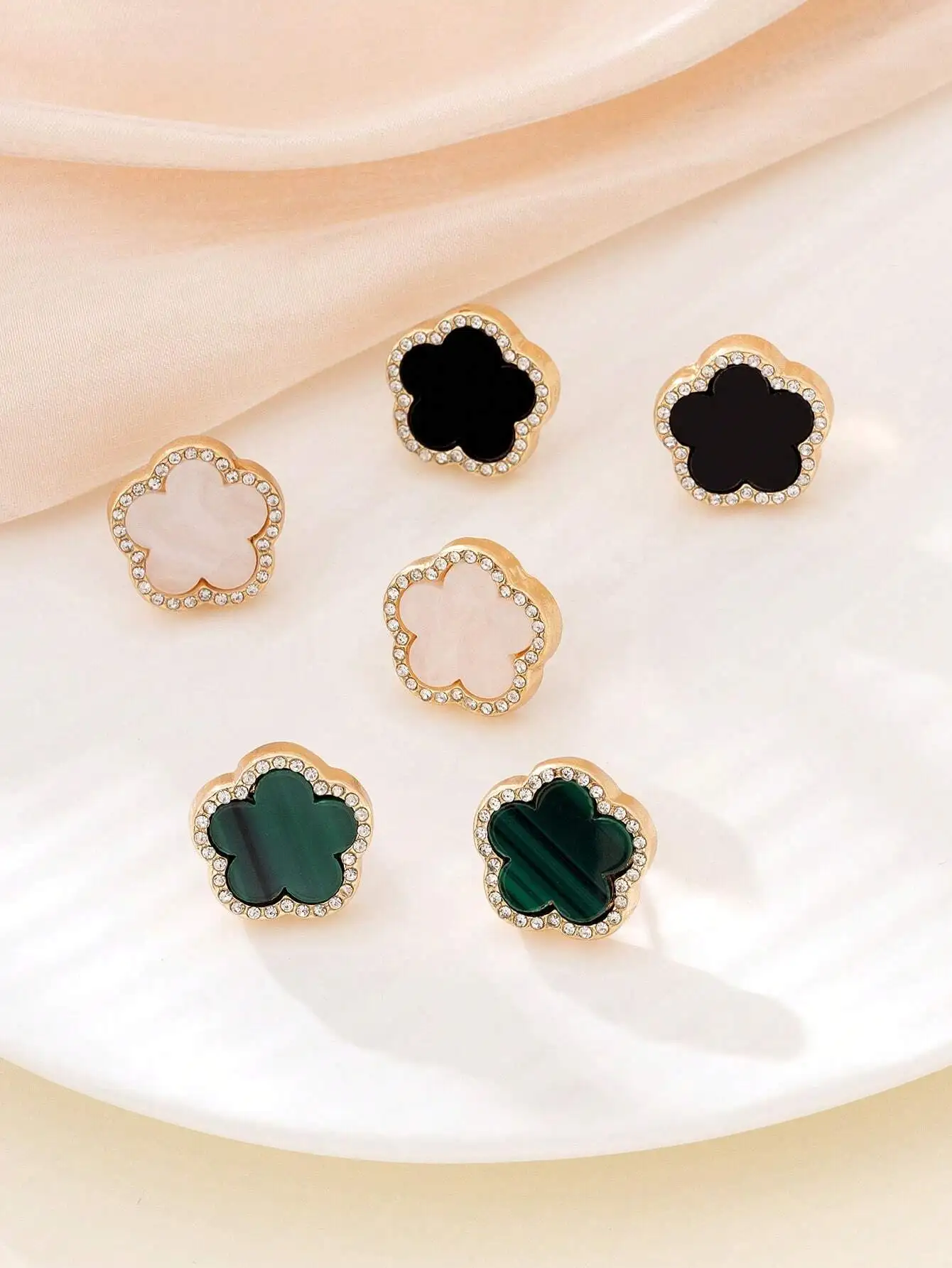 

5 Pairs Clover Stud Earrings with Rhinestone Trim, Gold Tone, Assorted Stone Colors for Women