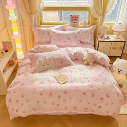 Romantic Rose Floral Duvet Cover Kawaii Cartoon Swan Bedding Set Reversible Quilt Cover + Pink Plaid Flat Sheet + 1/2 Pillowcase