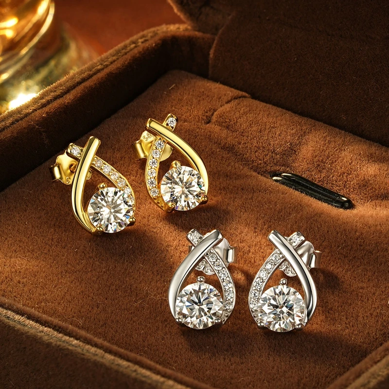 Lnngy 925 Sterling Silver Cross Shape Stud Earrings Certified  5MM Round Cut Moissanite Earring for Women Fishtail Ear Jewelry