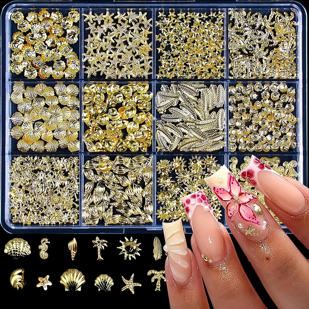 12 Styles Mixed Metal Nail Art Rivets 3D Ocean Theme Gold Shell Seahorse Starfish Conch Alloy Studs Manicure Decoration