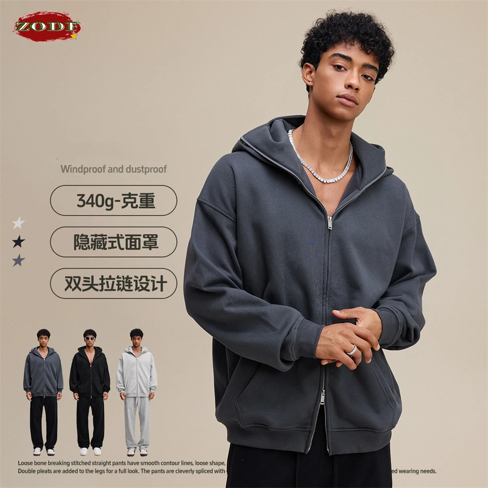 

ZODF модные осенне-зимние мужские флисовые толстовки на молнии 340 г/м2, унисекс, уличная ветрозащитная маска, теплая толстовка с капюшоном, пальто HY1114