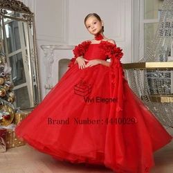 Vestidos de flores sin mangas con cuello barco para niñas, ropa de navidad roja sin mangas, tul suave, Invierno 2024