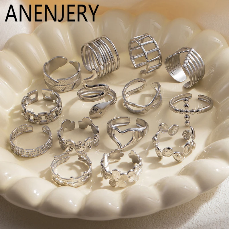 ANENJERY 316L Stainless Steel Heart Flower Square Cross Leaf Open Ring for Women Men Simple Niche Jewelry Gifts Wholesale