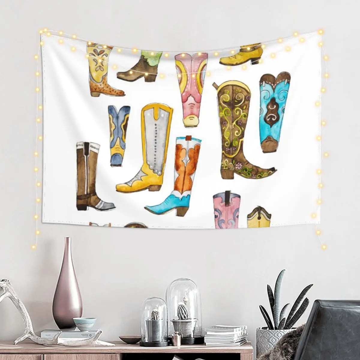 Watercolor Cowboy Boots Tapestry Wall Deco Luxury Living Room Decoration Tapestry