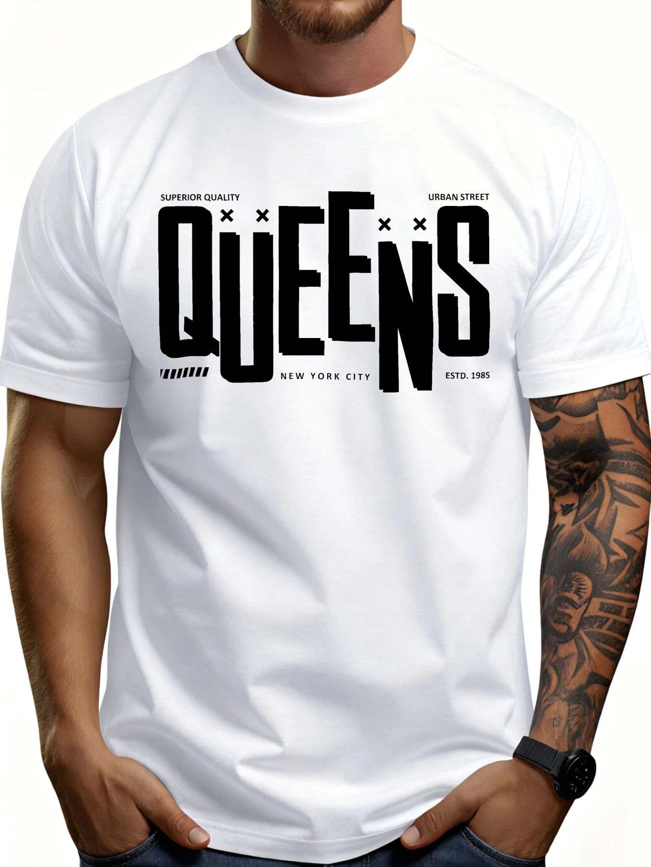 Casual Urban Style Men's T-Shirt with Queens New York City Print, Summer Street Style, Gift for Him