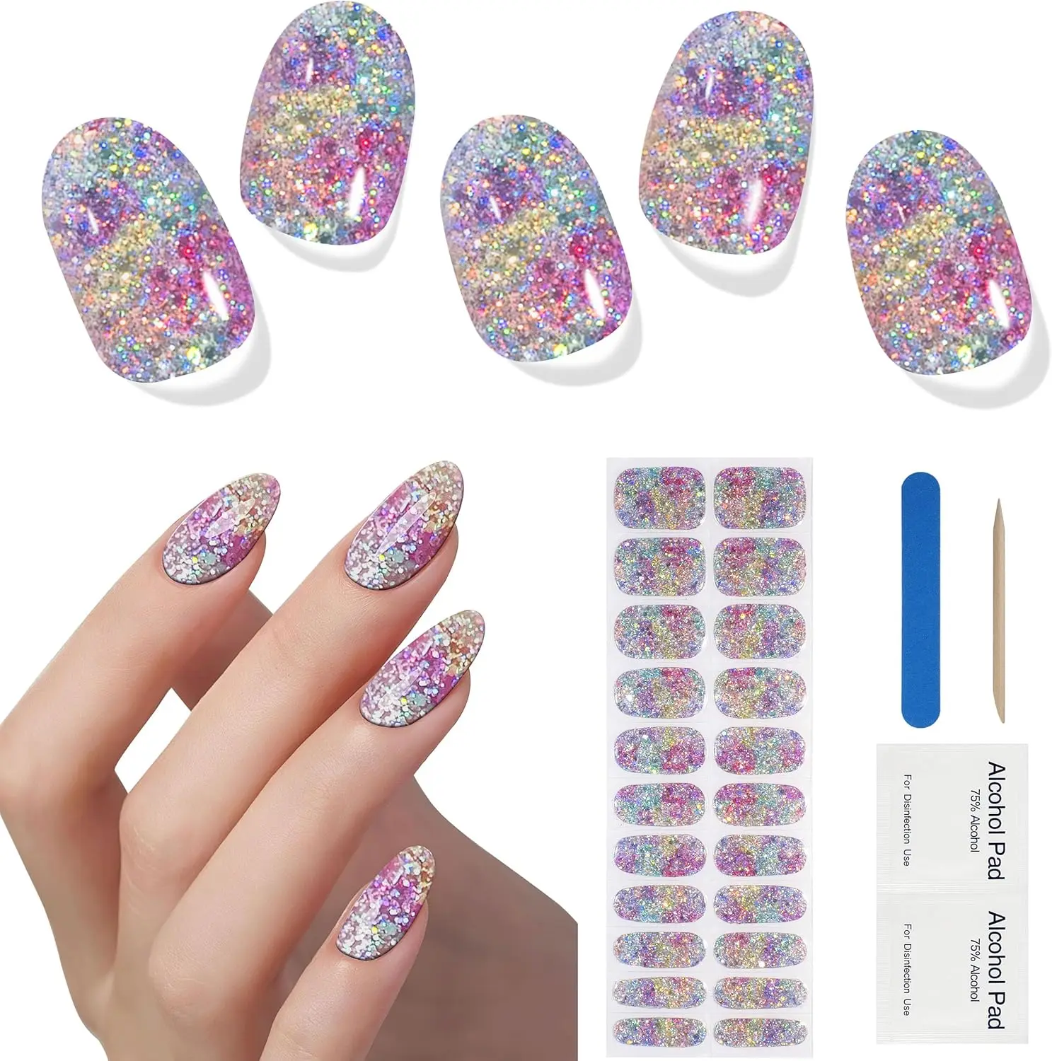 16/22 Półutwardzone naklejki na paznokcie w stylu francuskim, złoto-srebrne, brokatowe, żelowe, trwałe, ekologiczne, do manicure, wymagają lampy UV, naklejki na paznokcie, naklejki na palce.