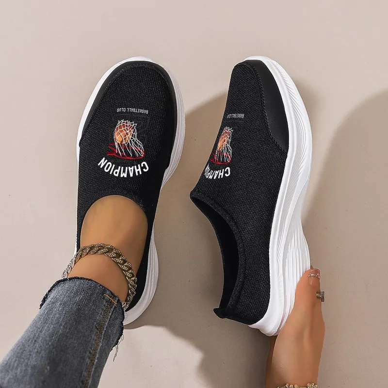 

Women's Black Mesh Slip-On Casual Shoes: Platform Sole, Basketball Graphic Design, Comfortable for Daily Walking & Street Style.