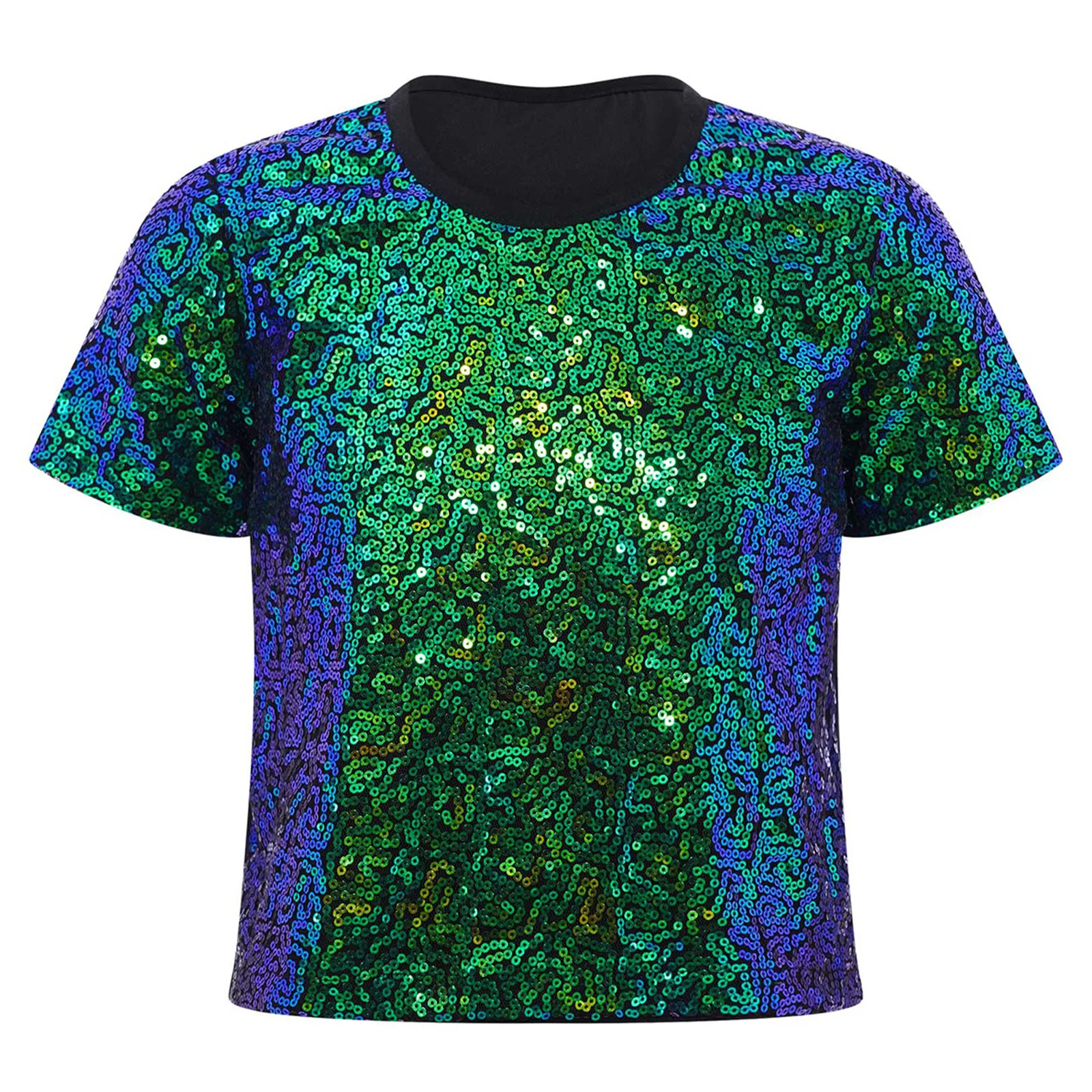 Girls Hip Hop Jazz Cheerleading Dance T-shirt Round Neck Short Sleeves Shiny Sequins Top for School Party Stage Performance