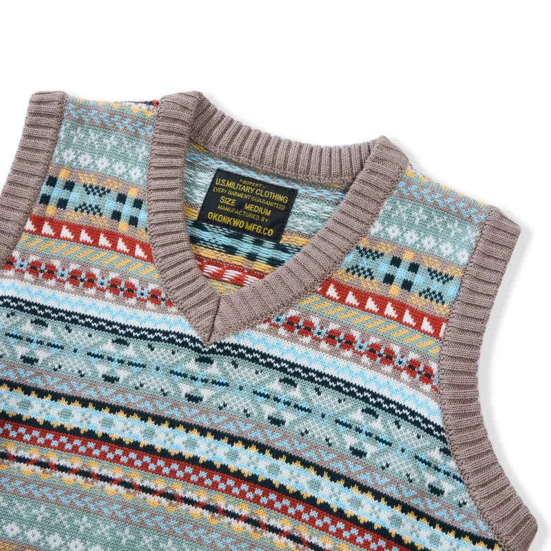 American Vintage Casual 65% Wool British Retro Fair Isle Pattern Base-Layer Vest - Wool Blend V-Neck Sleeveless Sweater OKONKWO