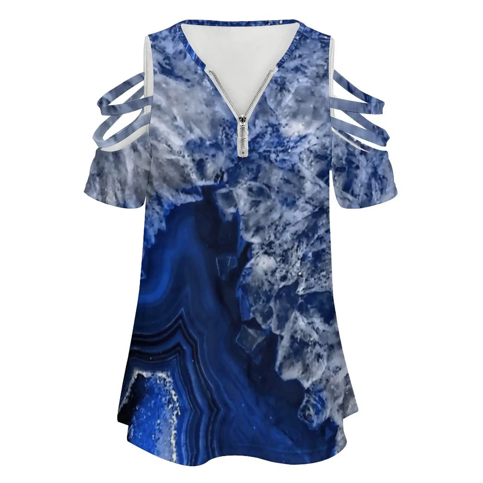 Ocean Blue Faux Agate Mineral Gemstone Women'S T-Shirt New Fashion Printed Zipper V-Neck Short Sleeve T Shirts Casual Plus Size