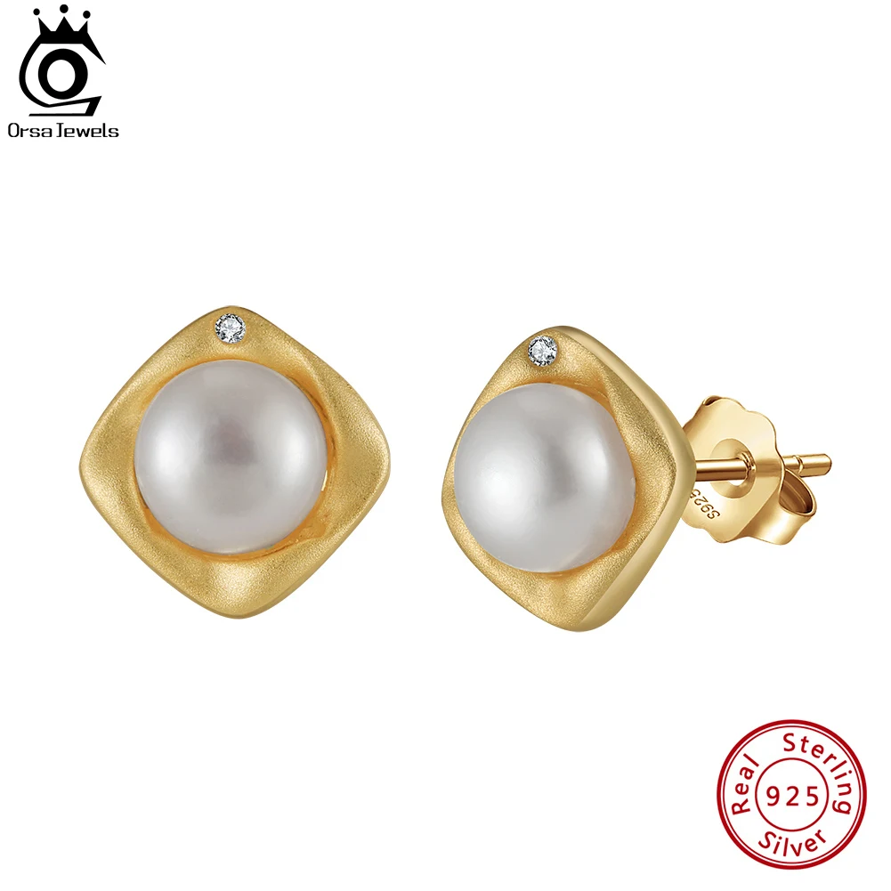 

ORSA JEWELS 10mm Elegant 14K Gold 925 Sterling Silver Natural Pearl Earrings for Women Party Ear Stud Handmade Jewelry GPE99