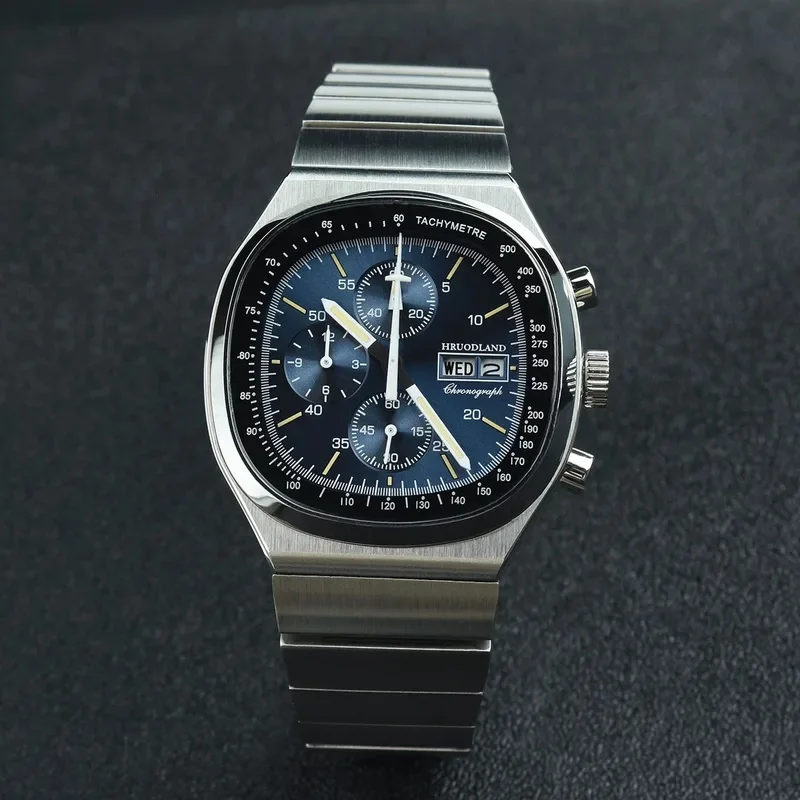 Hruodland 2025 New F022 Retro Quartz Chronograph Men Watches Sapphire Glass Blue Black Stainless Steel Fashion Dress Wristwatch