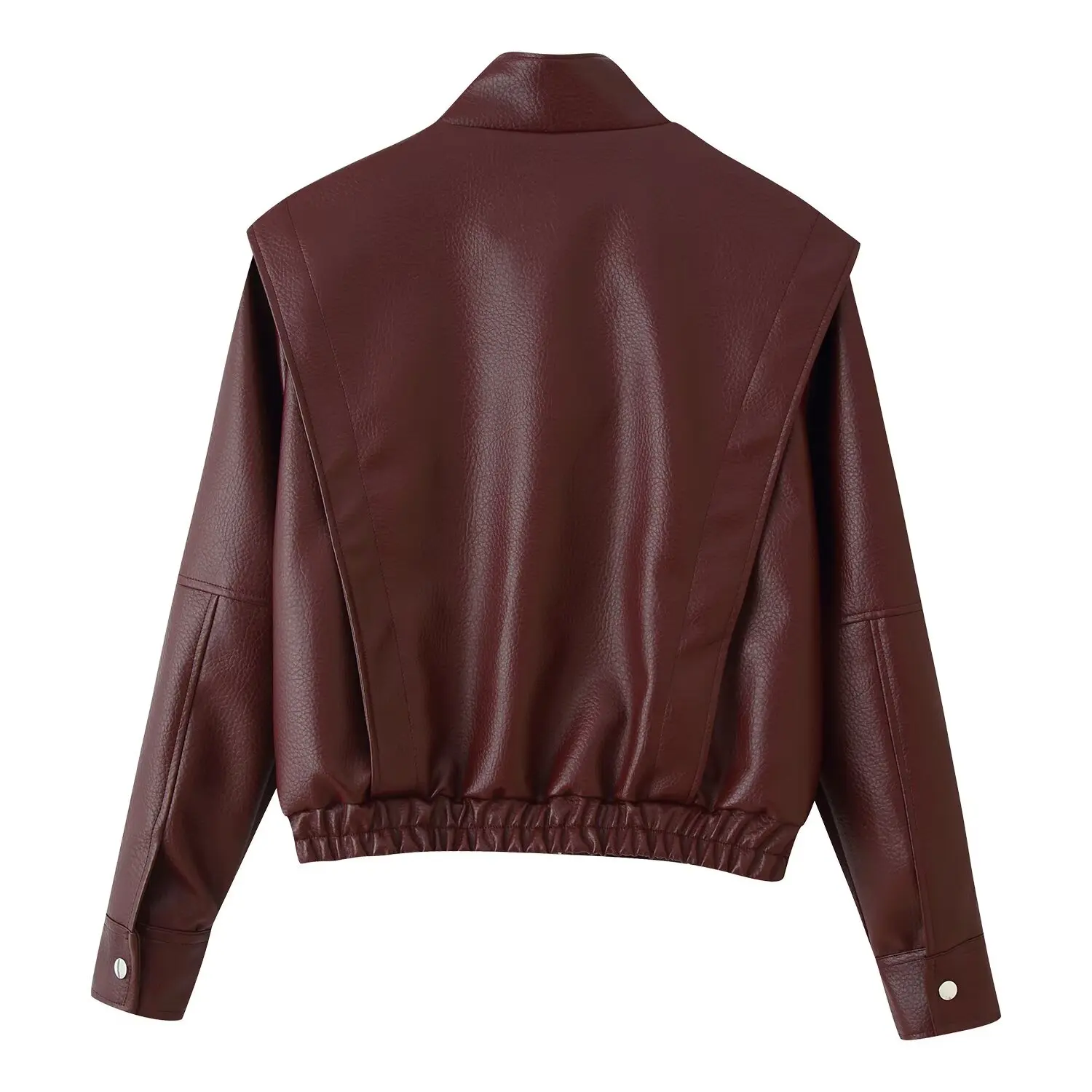 Nine Zar Women's Tri-Color Lychee Texture Faux Leather Stand Collar Jacket Casual Outerwear Top Short Sleeve Long Coat