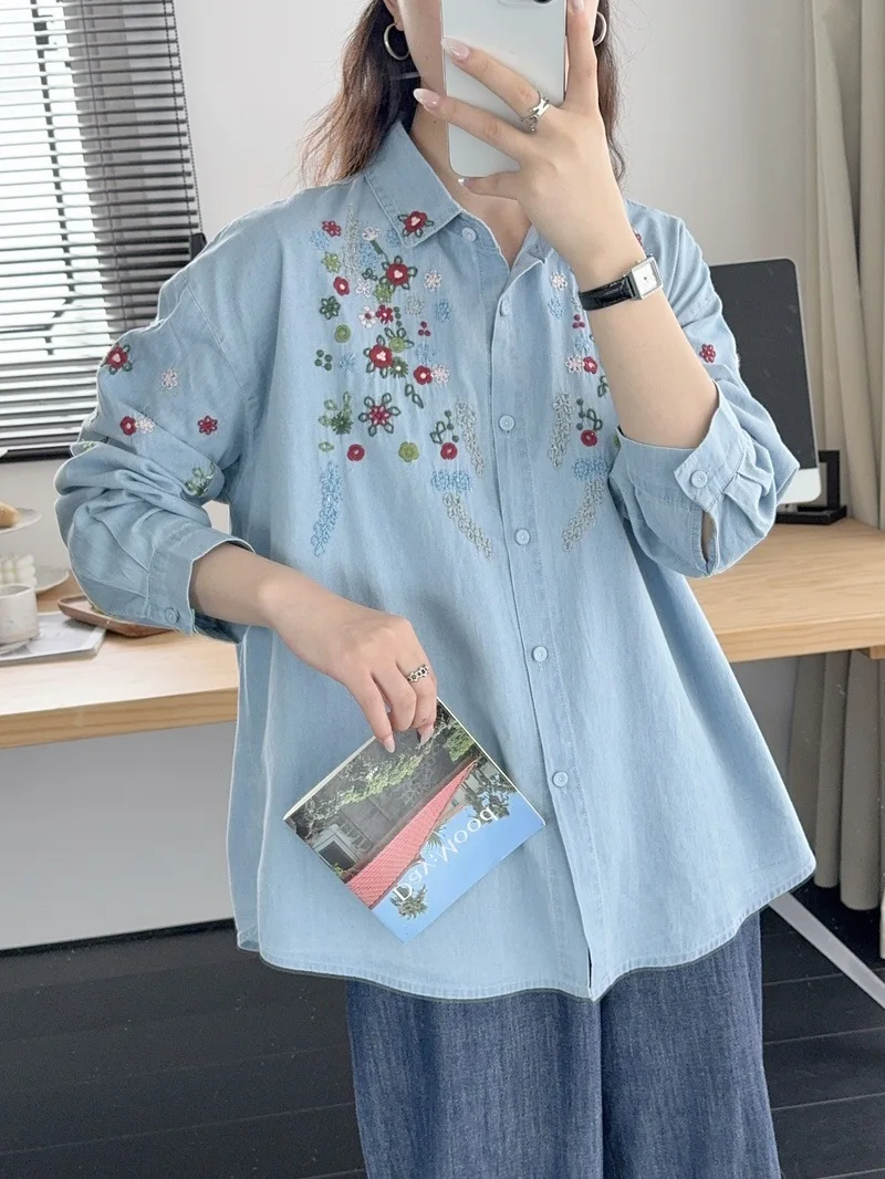 Harajuku y2k Denim Shirts Women Autumn Spring Korean Fashion Long Sleeve Flowers Embroidery Denim Blouses Vintage Jean Shirt