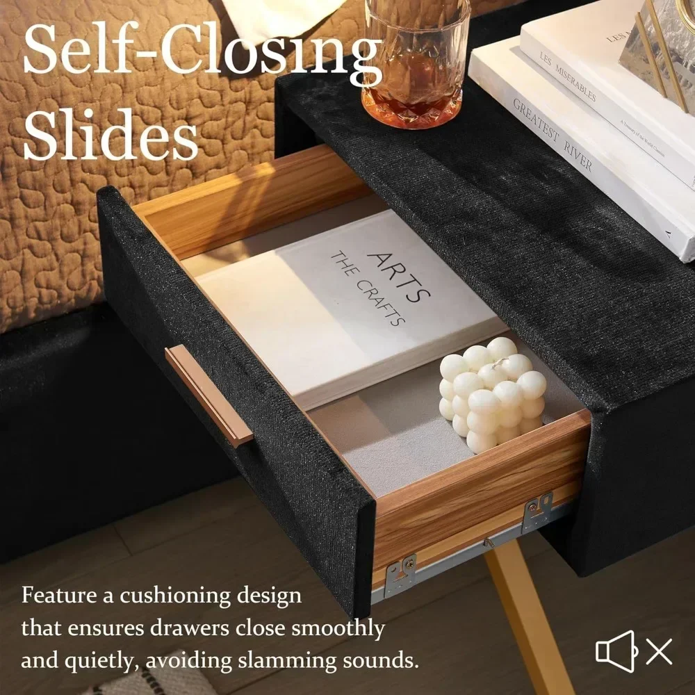 Rangka Tempat Tidur Mewah dengan Lampu LED Emas Bawaan dan Meja Malam, Tempat Tidur Platform dengan Headboard Berlapis Besar untuk Kamar Tidur