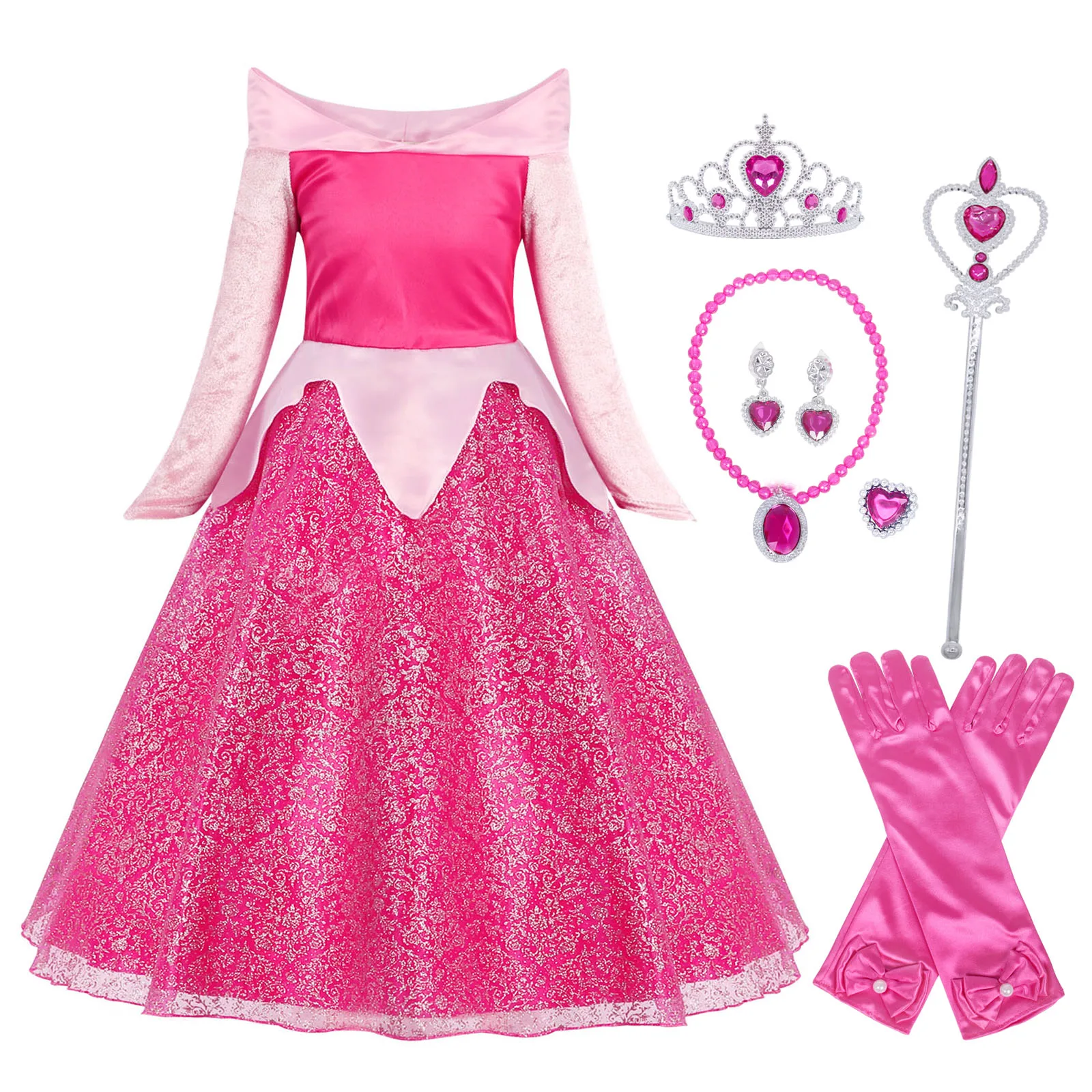 Jurebecia Aurora Princess Dress Sleeping Beauty Fancy Dress Up Girls Halloween Birthday Party Gown With Accessories