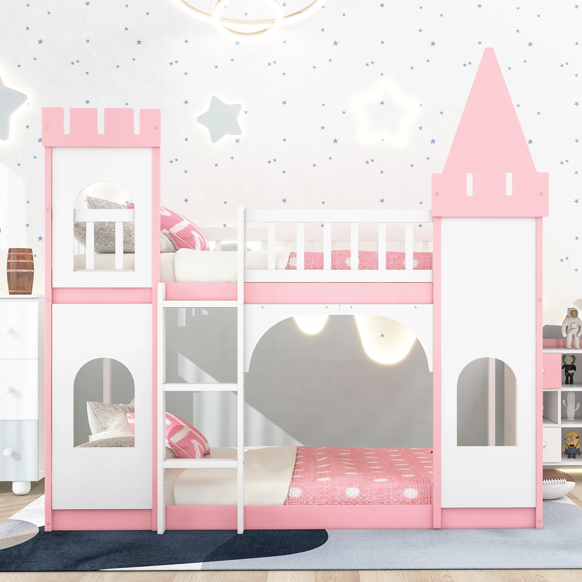 [Flash Sale]Twin Over Twin Castle Bunk Bed with Ladder - Pink/Blue [US-W]