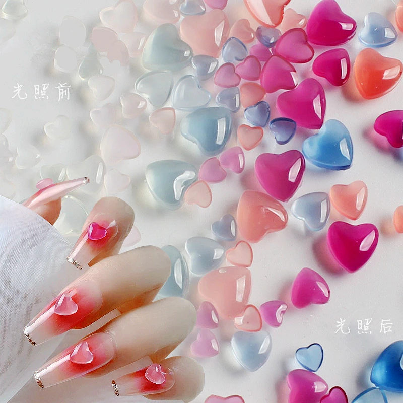 

100PCS Change Color 3D Nail Art Decor Bow Love Heart Transparent Resin Nail Rhinstone For UV Poly Nails Gel Nail Accessories