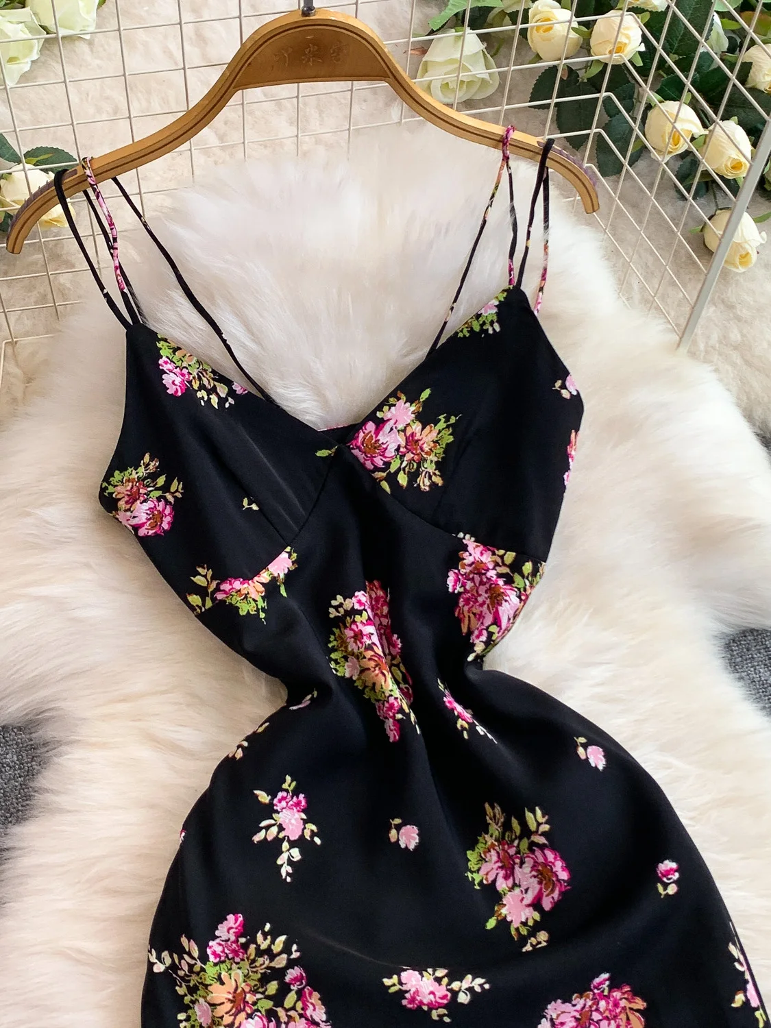 Ele Satin Print V-Ne Strapl Dr Damen High Waist A-Line Knielanger Rock Ele Sle Blumendruck Sommer Dr