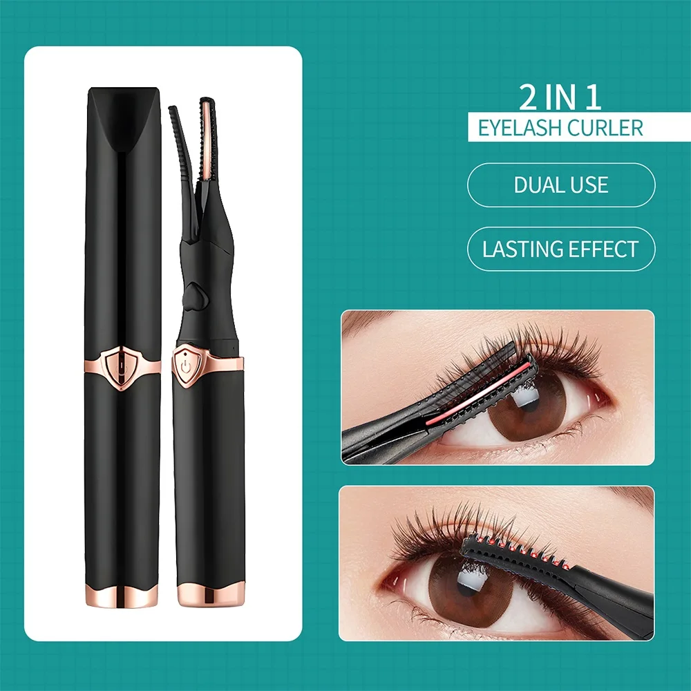 

2-IN-1 Eyelash Curler Heating Styling Clip 60s Curling Lash Curler Long-lasting Curling Comb&Clip Dual Use Ironing Brush Mascara