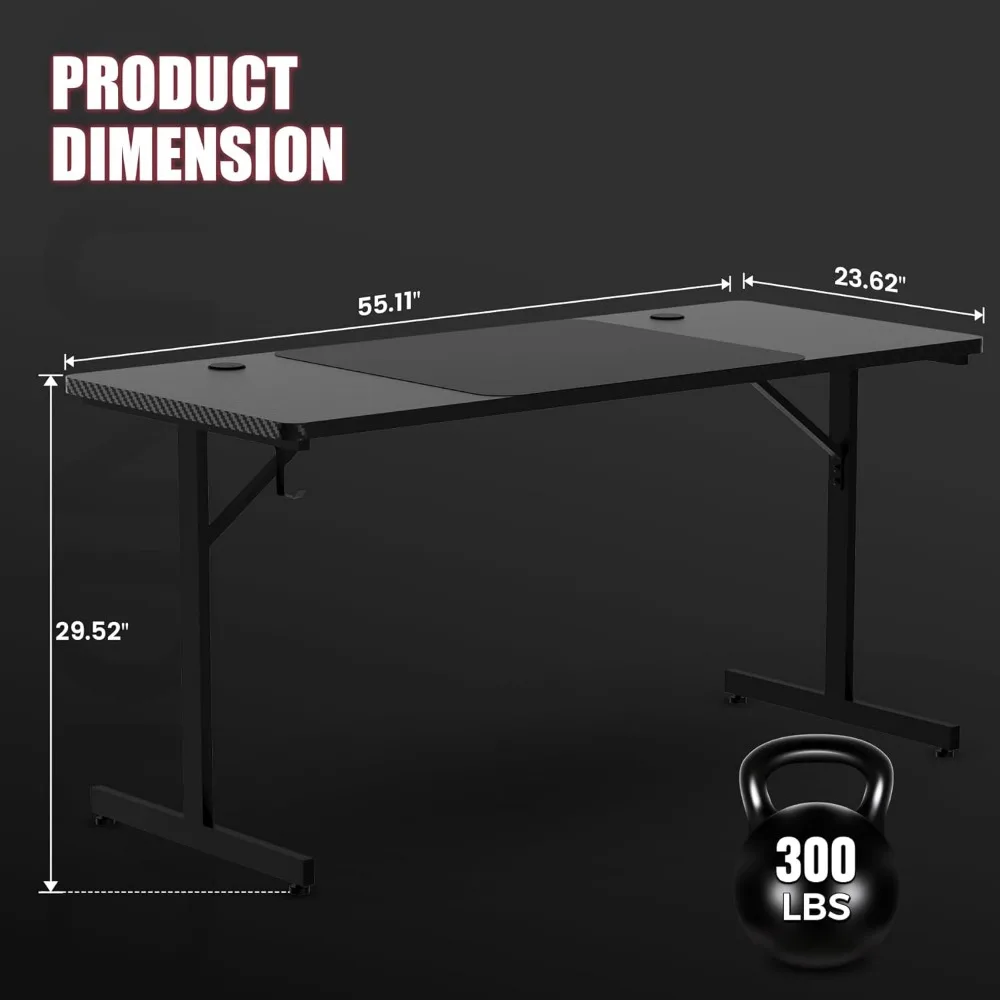 55 Inch Gaming Desk with LED Lights, Carbon Fiber Surface Computer Desk with Mouse Pad and Headphone Hook for Home Office