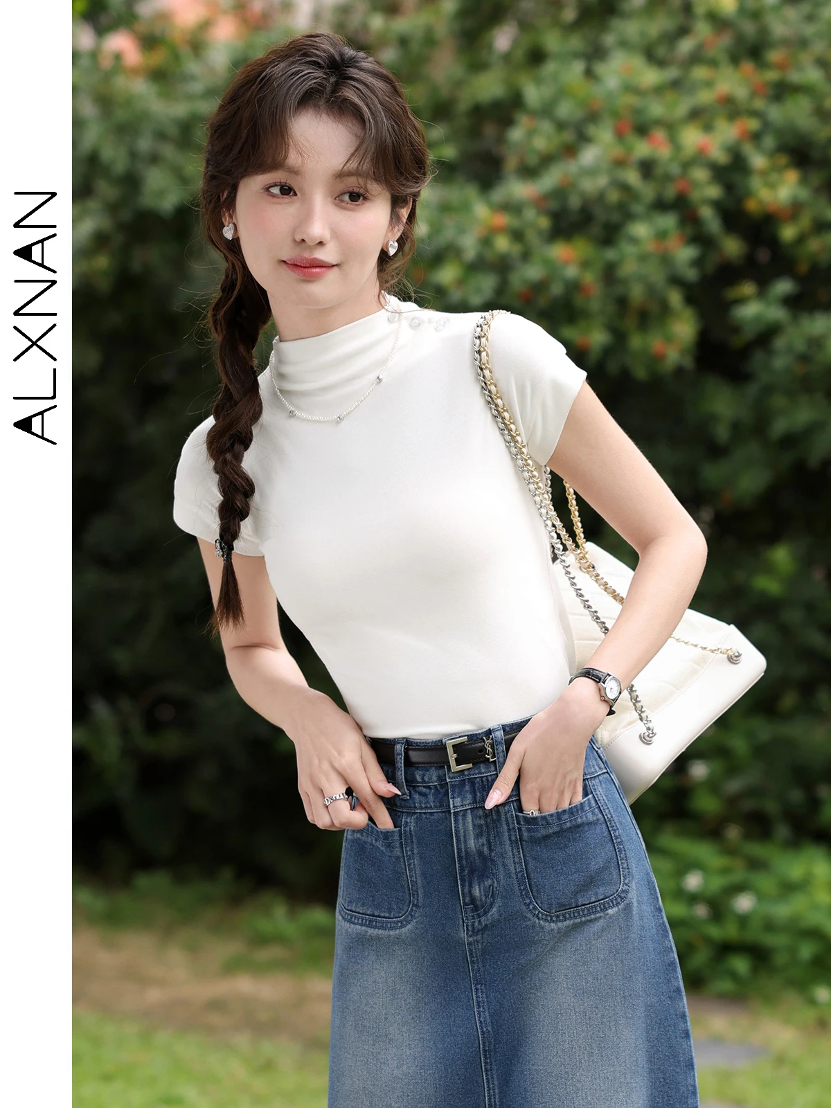 ALXNAN Women Simple Fitted White T Shirts Women Short Sleeve Summer Tops 2024 Buttons Half Turtleneck Basics Tees Clothes L33967