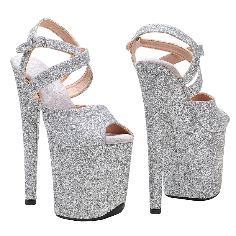 Leecabe 20CM/8Inch Glitter PU silver color  Women\'s Platform Sandals  party High Heels Shoes Pole Dancing Shoes