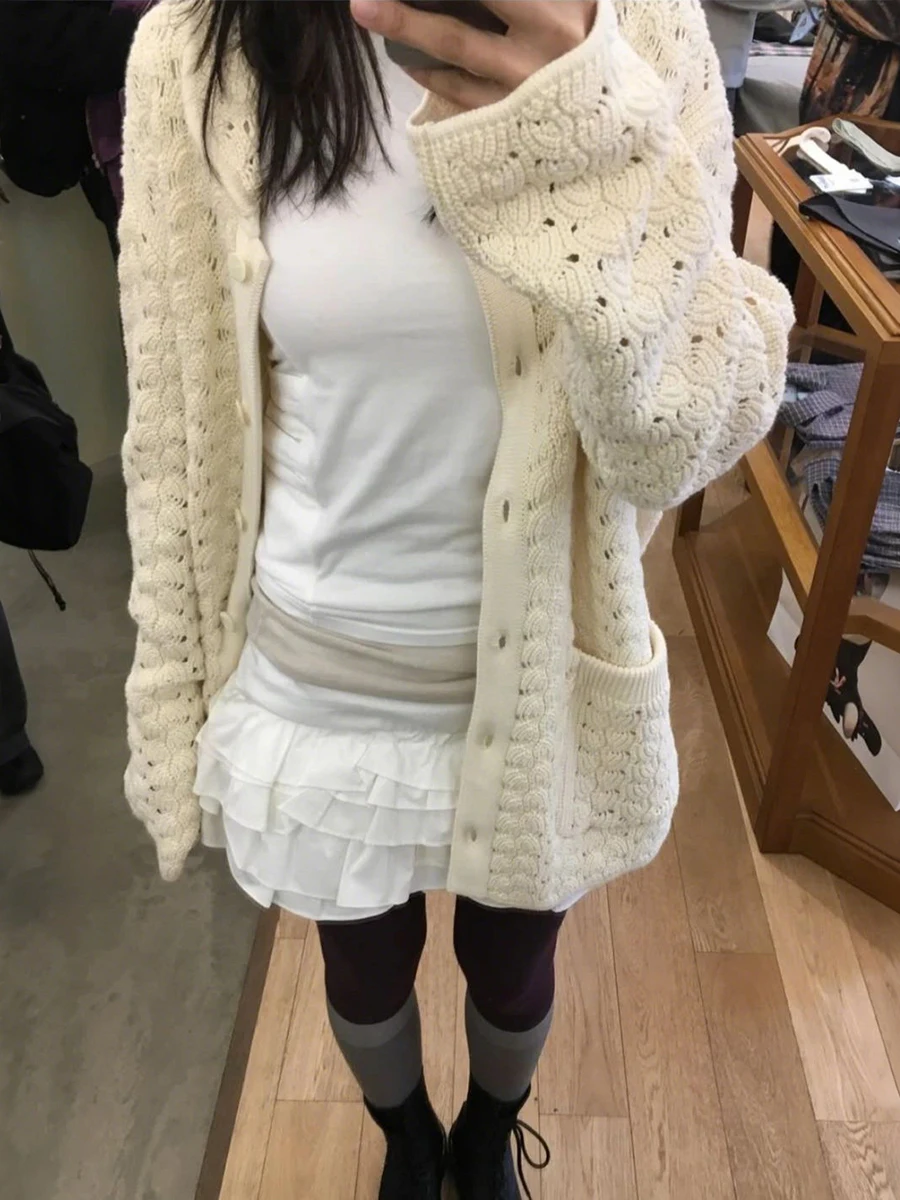 WEIRD PUSS Japanese Artistic Sle Knitted Cardigan Women's Faionable Versatile Spicy Girl Top Button Design Slimming Polye...