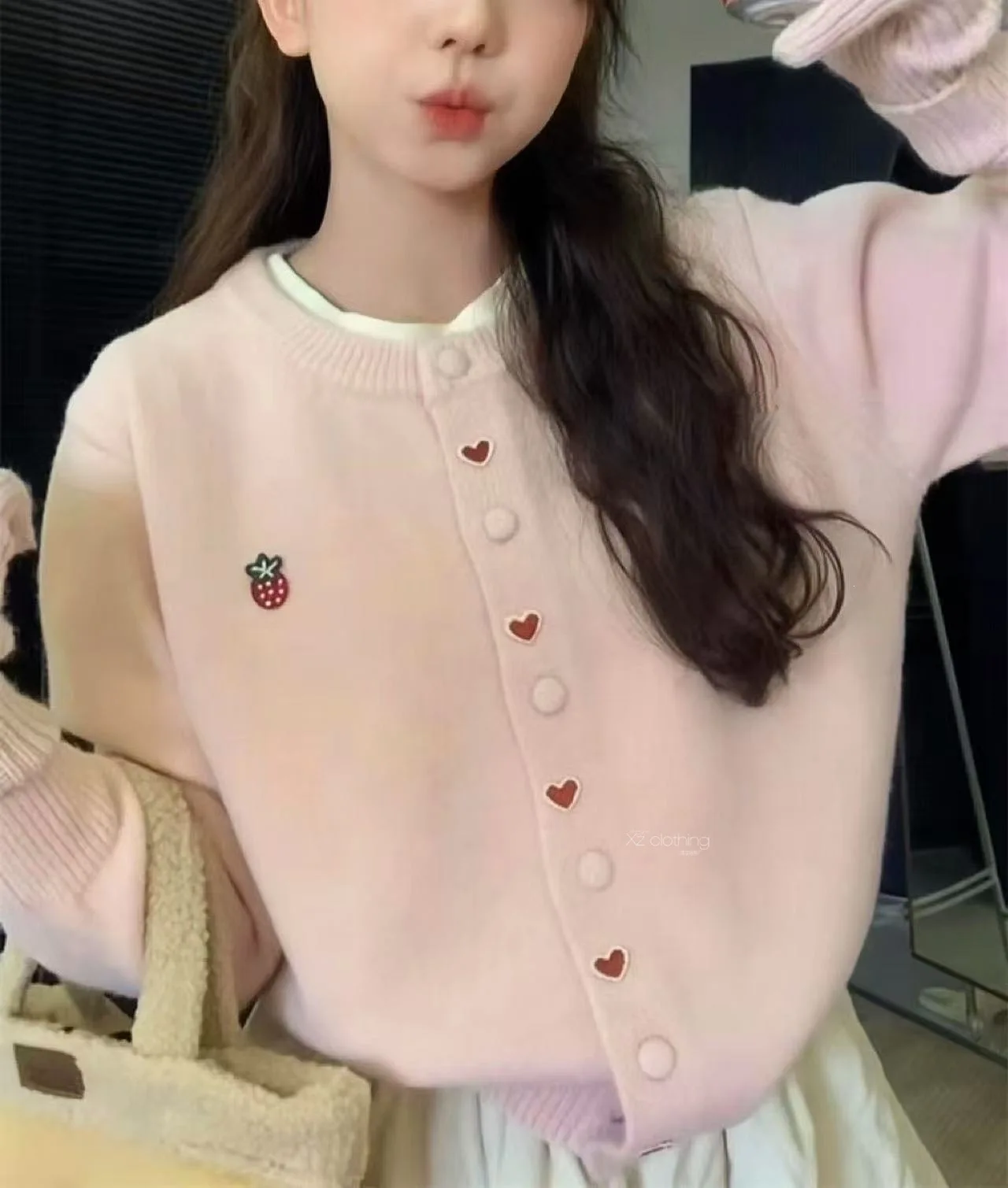 autumn and winter new sweet strawberry heart decoration round neck knitted cardigan women's sweater