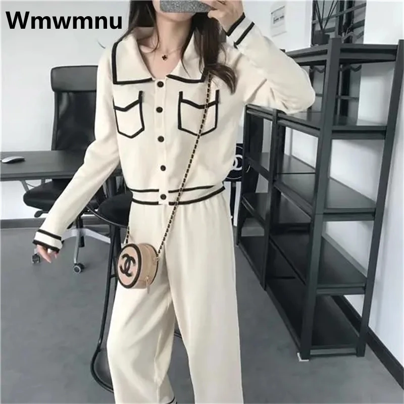 Elegant Knitted Pants 2 Piece Set Women Korean Fashion Cardigan Conjuntos Spring Casual Ankle-length Wide Leg Pantalones Outfits