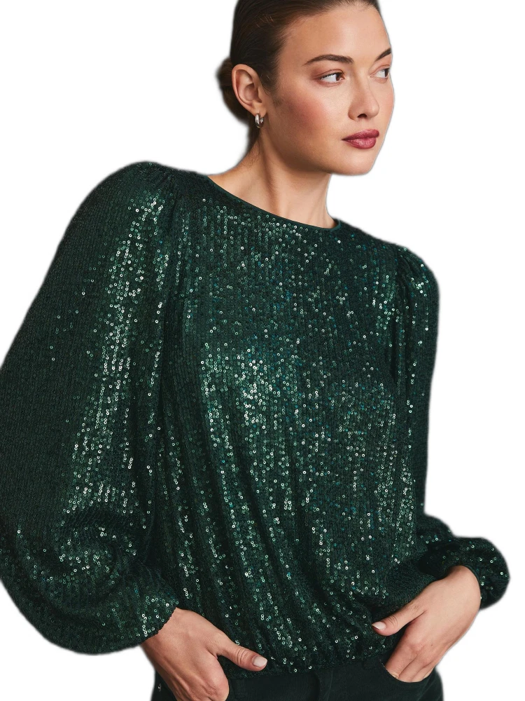 

Manna Pure Sequin Lantern Sve round Ne Pullover irt Street Sle Loose Fit Long Sve Warm Polyester Fiber Women's irt